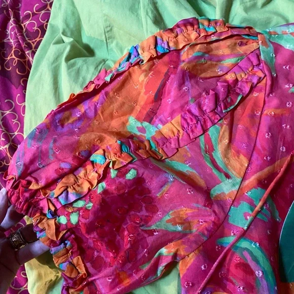 Farm Rio Fruit brush mini dress puff sleeves M L ruffles fringe organic cotton - Picture 9 of 11